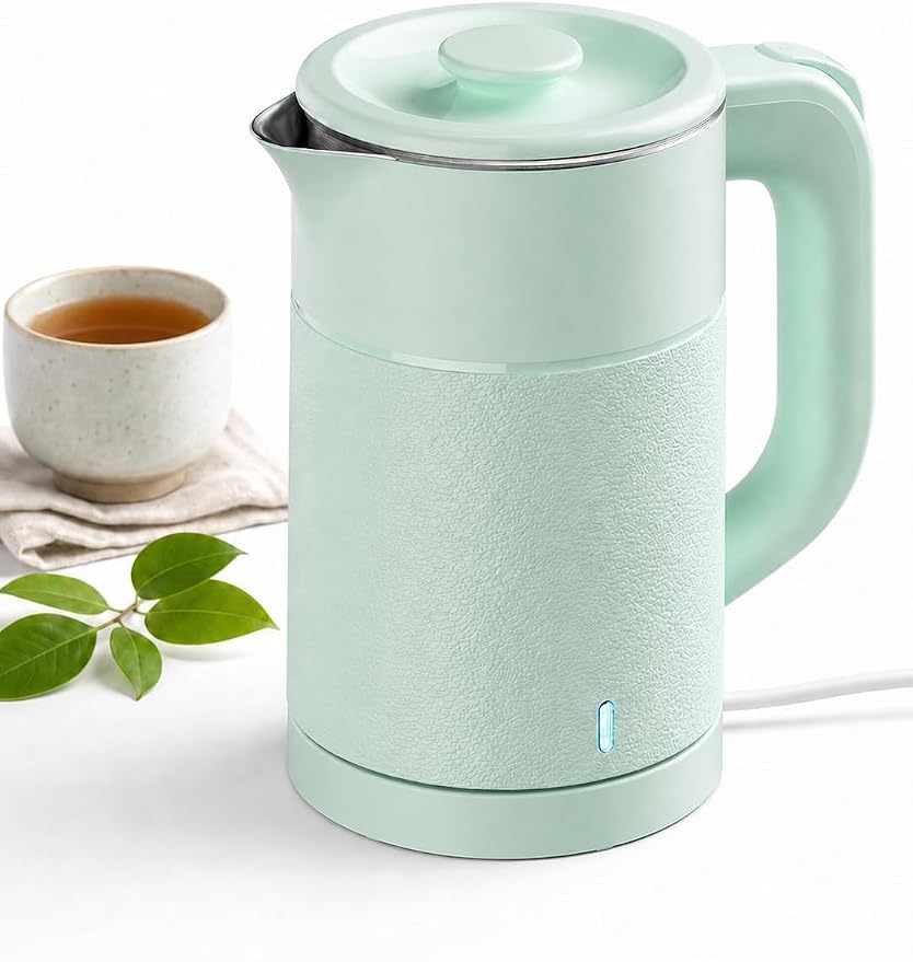 Small Electric Kettle 0.8L, 600W, 304 Stainless Steel Inner, Green | Auto Shut-Off, Boil Dry Protection, BPA-Free, Fast Water Heater for Dorm Office Travel