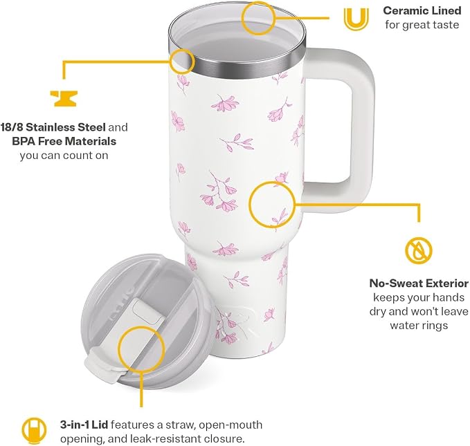 RTIC 40 oz Road Trip Tumbler Double-Walled Cermaic Lined Insulated Stainless Steel Portable Travel Coffee Mug Cup with Lid, Handle and Straw, Pink Magnolias