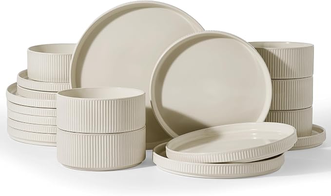 Famiware Stoneware Dinnerware Sets for 8, 24pc Rimmed Plates, Bowls, Dishes | Chip & Scratch Resistant Ceramic, Microwave & Dishwasher Safe, Everyday & Formal Use, Modern Rustic, Lipped Edges, Oat White