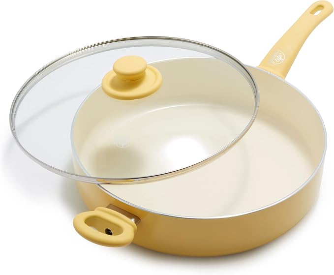 Greenlife Soft Grip Healthy Ceramic Nonstick, 5QT Saute Pan Jumbo Cooker with Helper Handle and Lid, PFAS-Free, Dishwasher Safe, Yellow