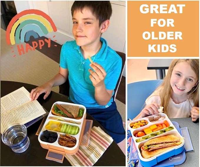 Kinsho Bento Box for Adults and Kids, Leakproof Lunch-Boxes with Custom Fit Spoon and Fork, Portion Control Container, BPA Free, Green + Orange, 5 Compartments, 2 Pack