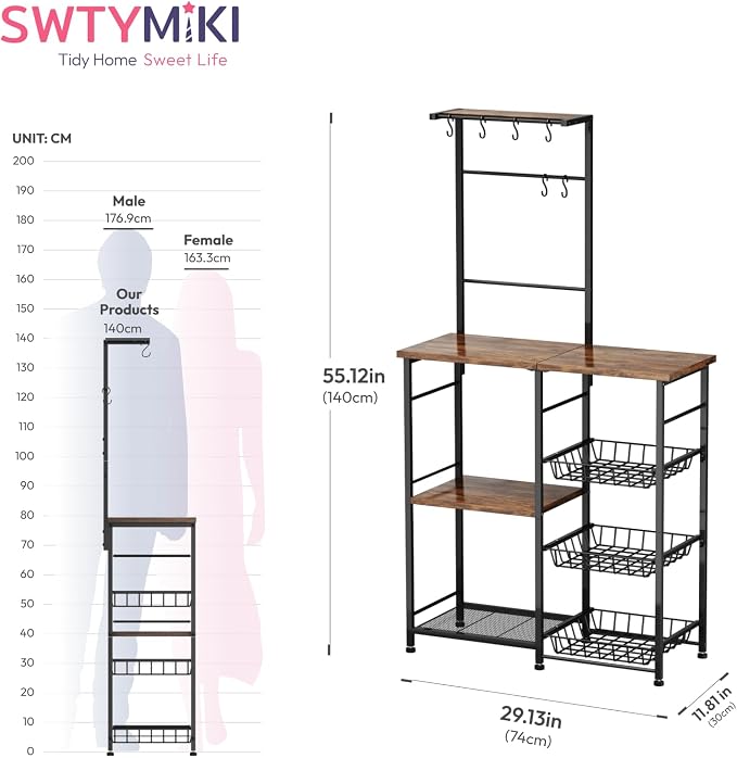 SWTYMIKI Bakers Rack with Storage - Coffee Bar Cabinet with Shelves, Coffee Station Organizer and Kitchen Stand with 8 Hooks, Baskets, Adjustable Feet for Kitchen Dining Room Pantry, Espresso