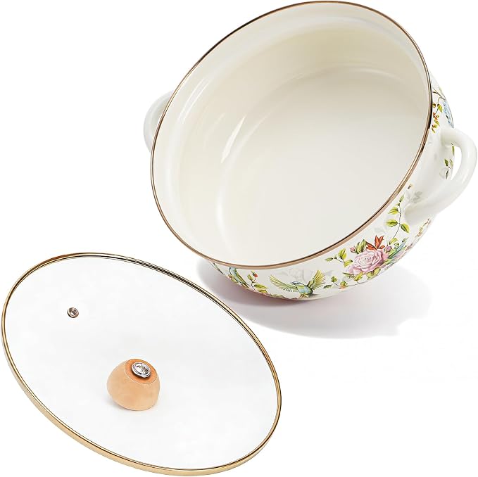 Elsjoy 4.2 Quart Vintage Enamel Stock Pot with Lid and Handle, Floral Cooking Pot Large Kitchen Simmer Pot, Vintage Enamelware for Induction Cooktop, Gas Stove