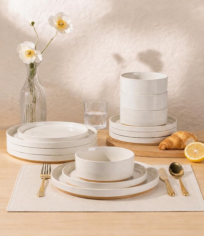 AmorArc Stoneware Dinnerware Sets for 4,12 Pcs Plates and Bowls Set | Handmade Ceramic Dish Set,Dishwasher & Microwave Safe,Scratch Resistant-Beige