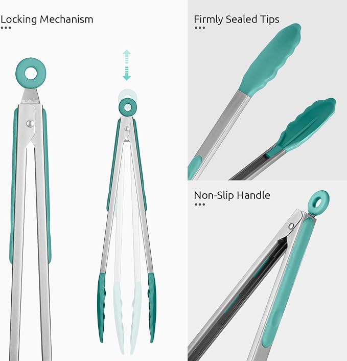 U-Taste Kitchen Tongs for Cooking, 600ºF Heat-Resistant Tps, 2Pcs/Aqua Sky | Silicone Tong Set 9/12in, Salad/Grill/BBQ Plastic Tong for Food Serving, Rubber Tipped Tong with 18/8 Stainless Steel Handle