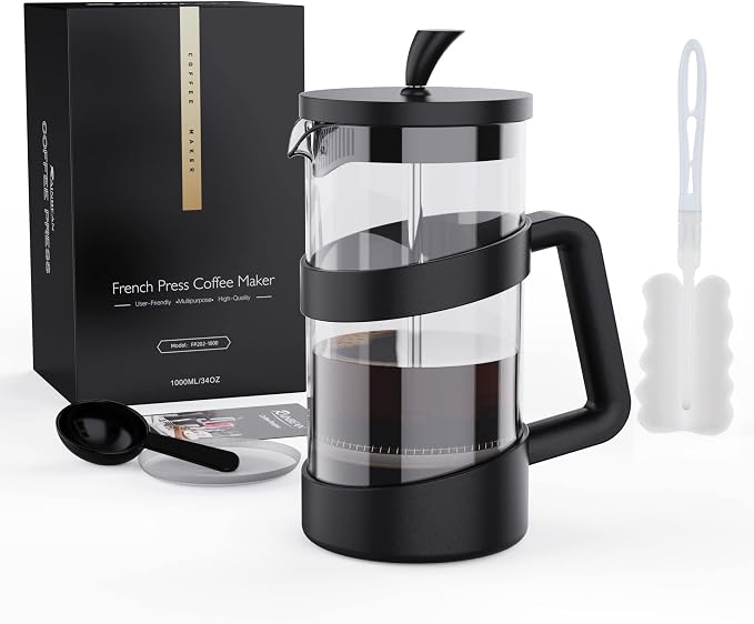 RAINBEAN Large French Press Glass Travel Camping Coffee Makers Pot, 34 oz Portable Cold Heat Press Coffee Tea Brewer