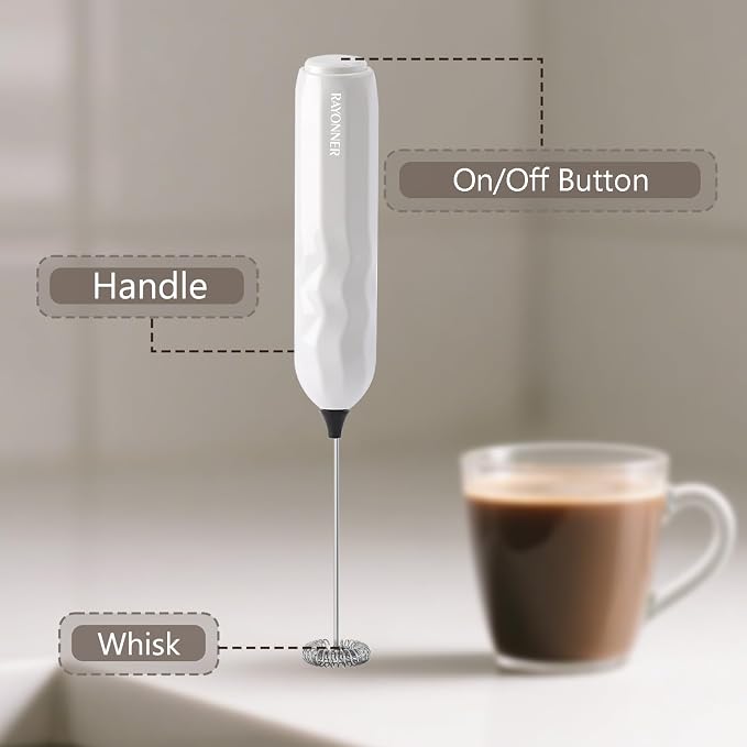 RAYONNER Milk Frother Coffee Frother Foam Maker 2Pack White with Stand | Fast Powerful Drink Mixer, Stainless Steel Whisk, For Coffee, Latte, Matcha