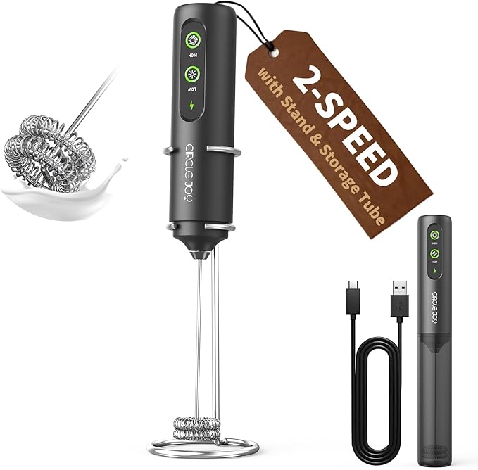 CIRCLE JOY Rechargeable 2-Speed Handheld Milk Frother with Stand, Dual Spring Whisk Electric Foamer, Portable & Detachable Coffee Frother Wand, Drink Mixer for Lattes, Macchiato, Hot Chocolate, Black