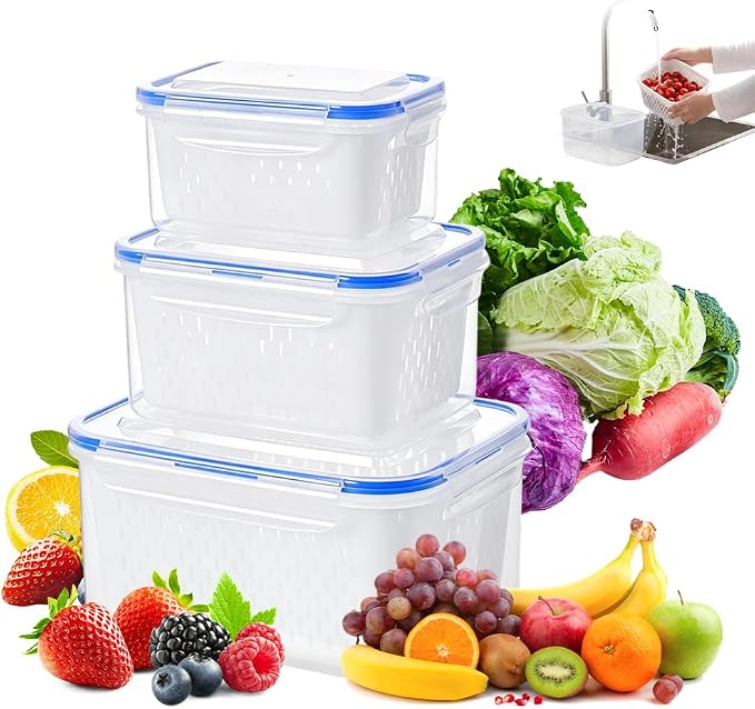 Food Storage Containers for Fridge with Removable Colander, Fruit Storage Containers with Lids, Leakproof Produce Containers Fridge Organizers and Storage for Berry Fruits Vegetables (Blue, S+M+L)