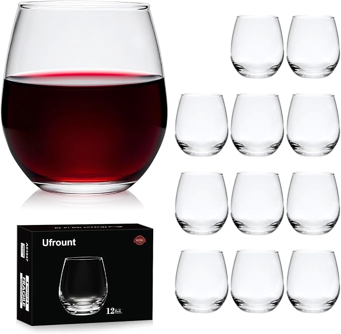 Stemless Wine Glasses Set of 12,16 OZ Stemless Wine Glass Cups | Clear Christmas Red Wine Glassware, White Wine Glass Tumblers, Elegant Crystal Bourbon Glasses, Water Cups, Wine, Whiskey