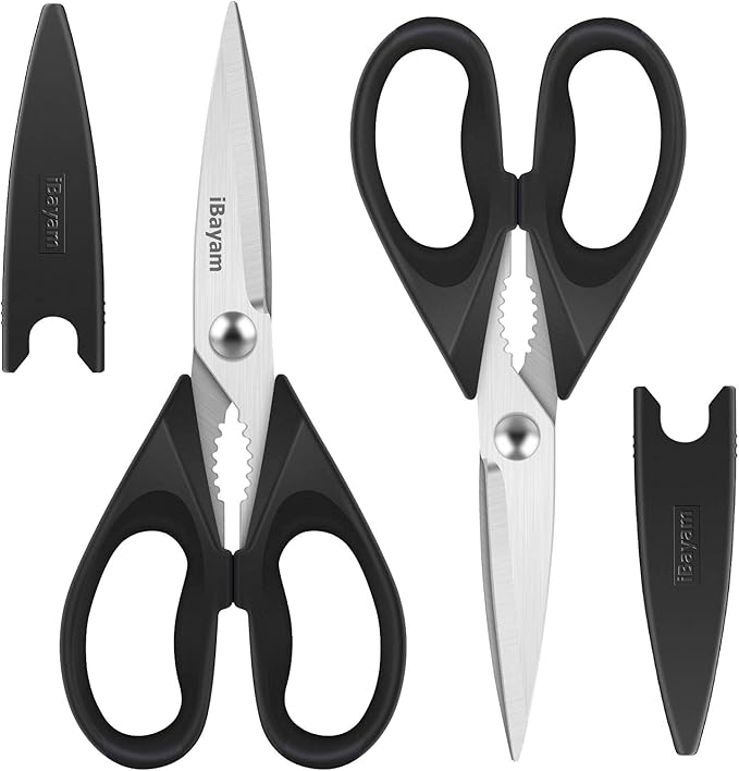 iBayam Black Kitchen Scissors - Heavy Duty Meat & Poultry Shears | Dishwasher Safe Stainless Steel Utility Scissors, 2-Pack Black Kitchen Utensils Set for New Home Essentials, Bottle Opener