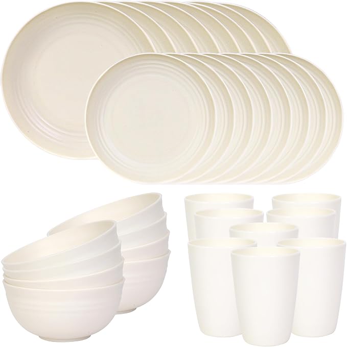 Quatish 32 Piece Plates and Bowls Sets for 8, Unbreakable Dinnerware Sets, Dish Set for Camping, Dishwasher Microwave Safe, Outdoor Kitchen and Apartment Dorm Dinning RV Essentials, Beige