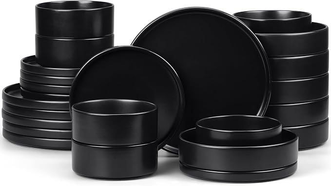 E-far Black Dinnerware Sets with Pasta Bowls, 24-Piece, Matte Black | Stoneware Plates and Bowls Sets for 6, Chip and Scratch Resistant, Microwave & Dishwasher Safe Kitchen Modern Dish Set