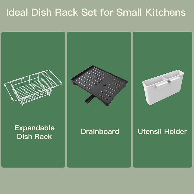 White Dish Drying Rack Over Sink with Utensil Holder, Drainboard | Expandable Stainless Steel Dish Drainer for Small Kitchen, Apartment, RV, Counter Space Saving, Perfect Fit, Rustproof
