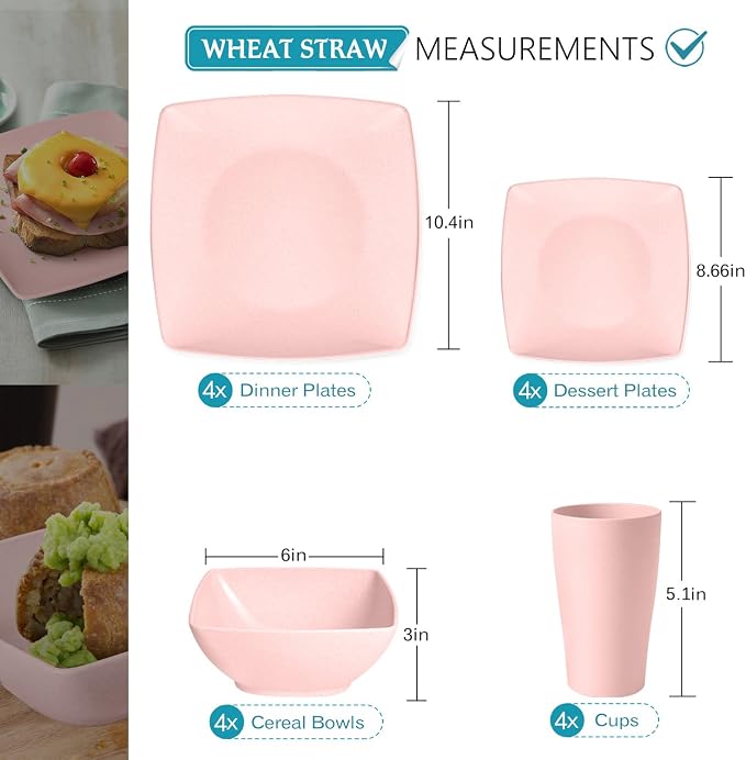 Teivio 16-piece Plastic Wheat Straw Square Dinnerware Set for 4, Unbreakable Dinner Plates, Salad Plates, Snack Bowls, Tumblers 13.5 oz, Dishwasher Safe, Kitchen Dinning RV Essentials, Pink