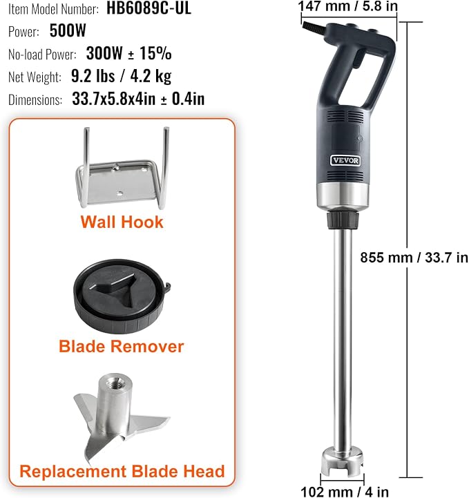 VEVOR Commercial Immersion Blender, 500 Watt 20Inch Heavy Duty Hand Mixer, Variable Speed Mixer with 304 Stainless Steel Blade, Multi-Purpose Portable Mixer for Soup, Smoothie, Puree, Baby Food | Variable Speed Mixer with 304 Stainless Steel Blade, Ide...