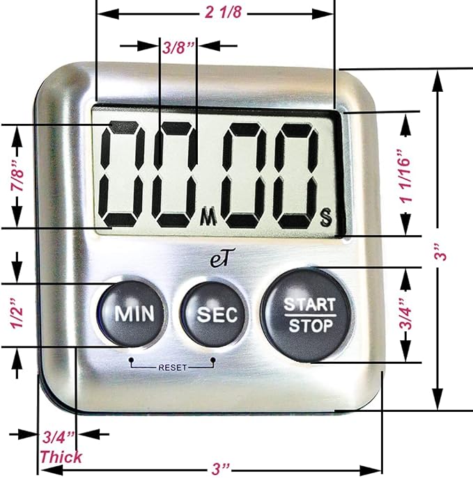 Elegant Digital Kitchen Timer Stainless Steel - Loud Alarm - Model Charcoal