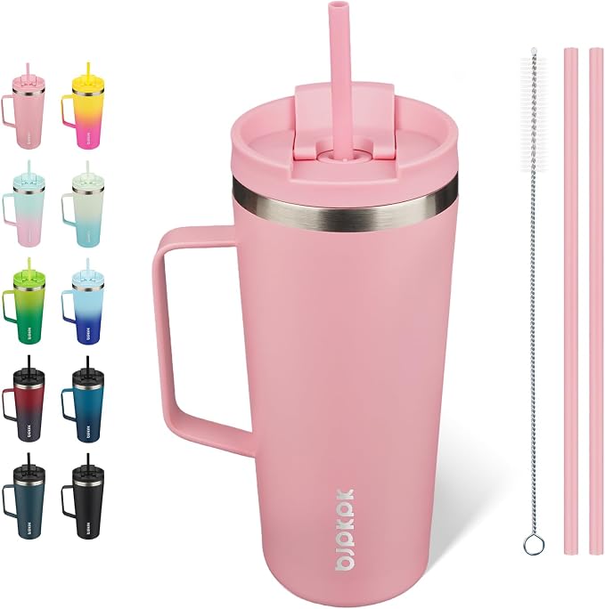 BJPKPK 22oz Insulated Tumbler with Handle, Lid & Straw, Stainless Steel | Double Wall Vacuum Insulated Coffee Travel Mug - Keeps Cold & Hot, BPA Free, Cupholder Fit for Office, Gym & Travel