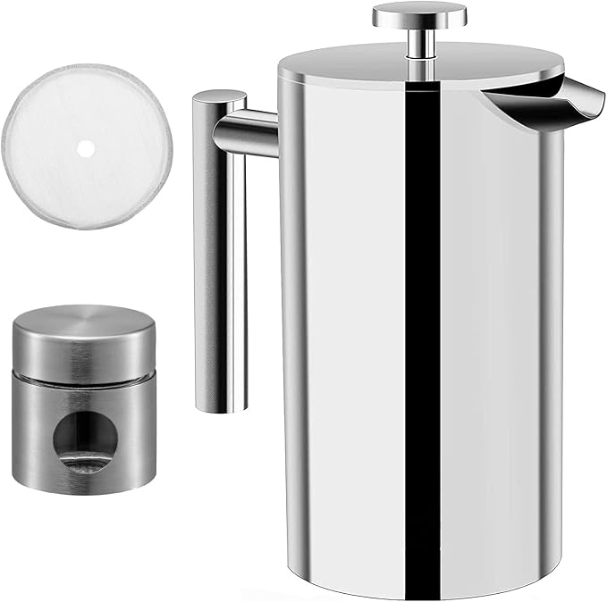 QNA French Press Coffee Maker Set, 20oz 304 Stainless Steel | Includes a coffee canister and extra filter for 4-layer filtration, making 5-6 cups of smooth coffee with fewer grounds.