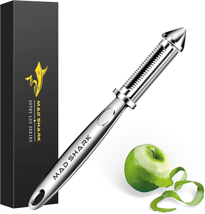 MAD SHARK Potato Peelers, Vegetable Peeler, Flat Serrated Blade 2 in 1-I Shaped Stainless Steel Peelers, Orange Peeler for Kitchen, Veggie, Fruit, Garlic, Carrot, Apple Peeling