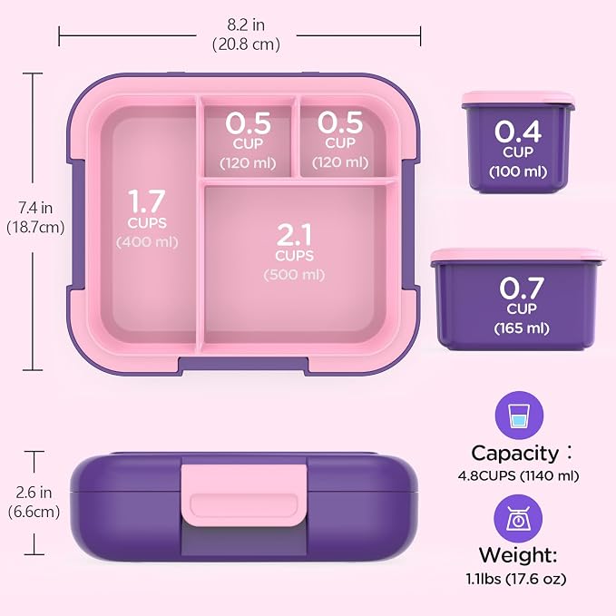 Caperci Bento Box for Kids Age 4-8 - Leak-Proof Toddler Lunch Box Container with 2 Modular Containers & 4 Compartments, Hold 4.8 Cups, Portable Handle, BPA-Free, Microwave/Dishwasher Safe (Unicorn)