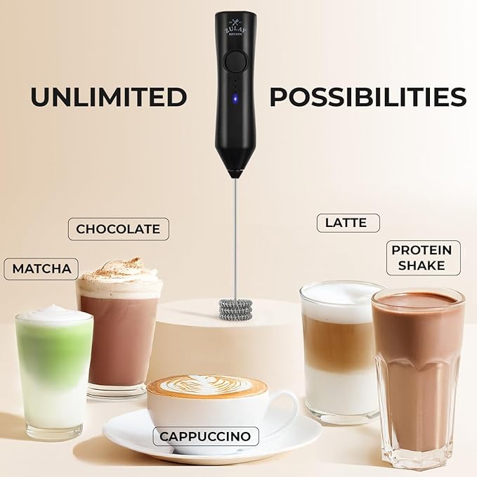 Zulay Kitchen Rechargeable Milk Frother Handheld - Frother Wand, Drink Mixer, Electric Whisk Frother, for Cappuccinos, Matcha & Protein Powder - Dynamic 3 Whisk, 3 Speed 500mAh Black