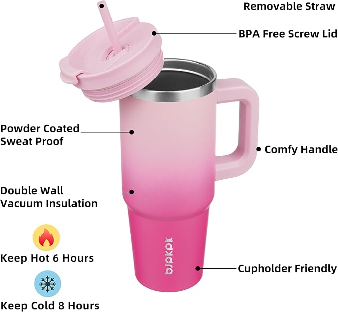 BJPKPK 30 oz Insulated Tumbler with Handle & Straw, Stainless Steel | Double Wall Vacuum Insulation, Leak Proof, BPA Free, Dishwasher Safe, Cupholder Friendly, Travel & Outdoor, Cherry Blossom