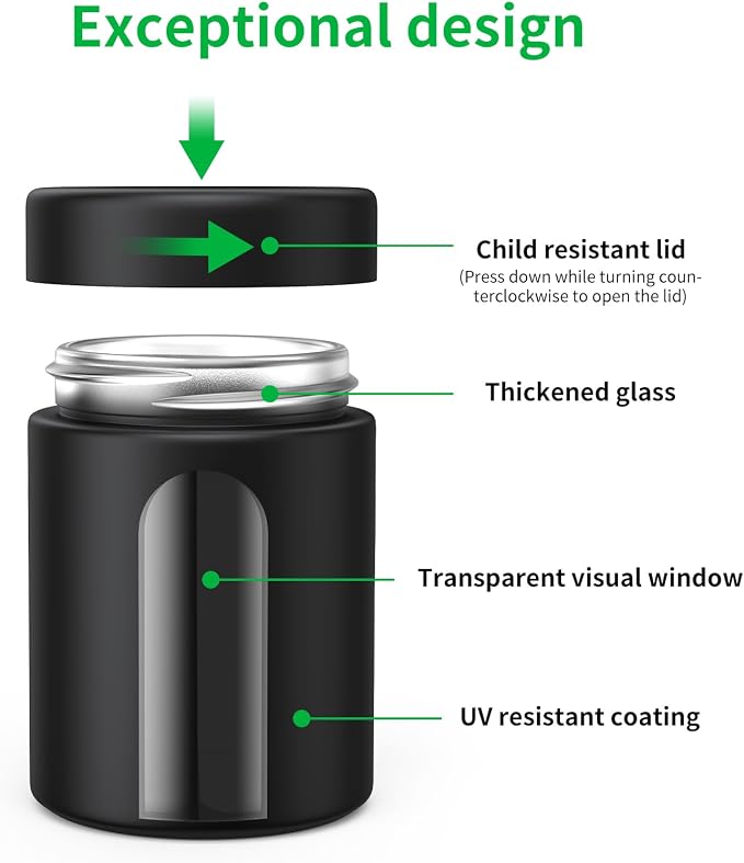 Glass Storage Jar (6 oz), 3 Pack Premium Smell Proof Visual Container with Child Resistant Cap, Small Waterproof Bottle Multipurpose Container for Coffee Teas Herbs Spices(180ml)