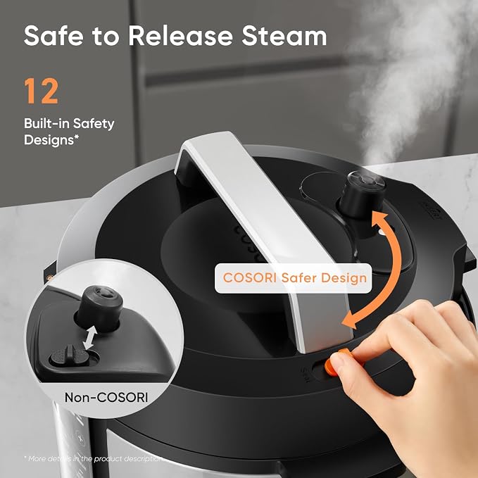 Cosori Pressure Cooker 6QT, 9-in-1, Ceramic Coating Pot, 12 Safety Features | Rice Cooker, Slow Cook, Sous Vide, Saute, Stainless Steel, 1100W, Silver