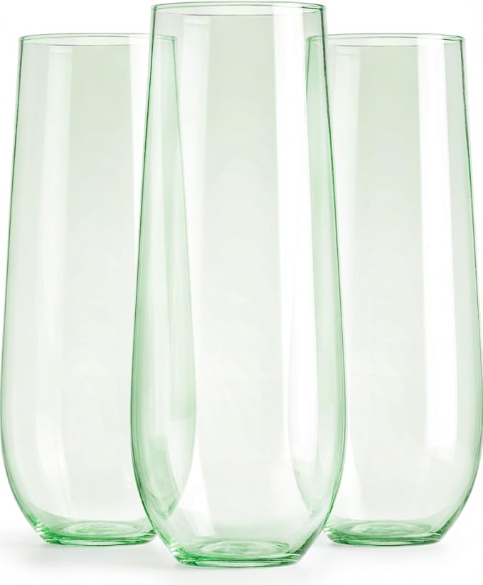 24 Pack Plastic Champagne Flutes, 9 Oz Disposable Wine Mimosa Glasses | Stemless Champagne Flutes Cocktail Glasses, Plastic Party Cups for Bridal Shower Bachelorette Party (Green)