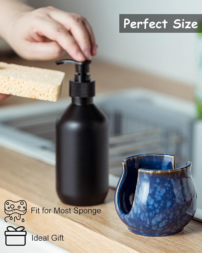 Zoeeker Ceramic Sponge Holder, Kitchen Sink Scrubby Caddy Organizer Dish Sponge Dish Rack for Scrubbers, Bathroom, Sink, Blue | Dish Brush Holder Sponge Organizer Cute Scrubby Caddy for Kitchen, Bathroom, Sink, Countertop, Farmhouse Kitchen Decor, Blue