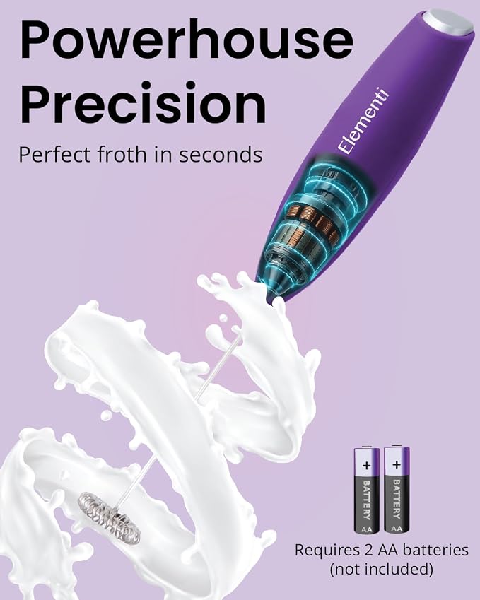 Elementi Drink Mixer Handheld - Electric Stirrer and Powerful Protein Powder Mixer Wand, Easy-to-Use Mini Frother Wand for Quick Delicious Cocktails, Milk Frother and Coffee Stirrers (Purple)