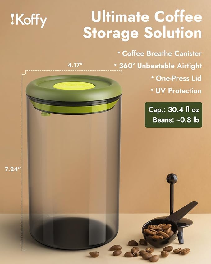 Vacuum Sealed Coffee Canister, 40.6oz Airtight Glass Jar | Borosilicate Glass, UV-Protective Tint, 360° Airtight Seal, One-Press Pop Top, for Coffee Beans & Grounds