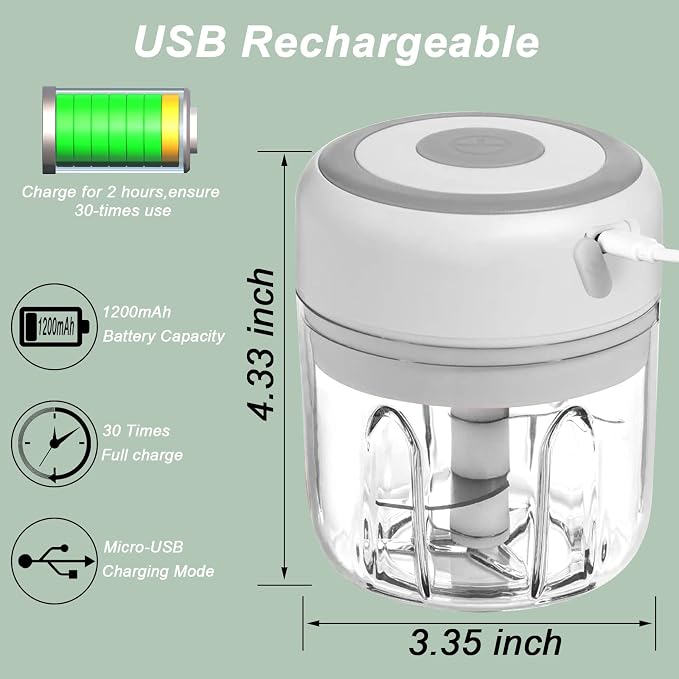 Electric Garlic Chopper, 250ML Vegetable Chopper, Food Chopper | USB Mini Garlic Mincer, Onion Chopper, Portable Small Food Processor for Ginger, Chili, Vegetables