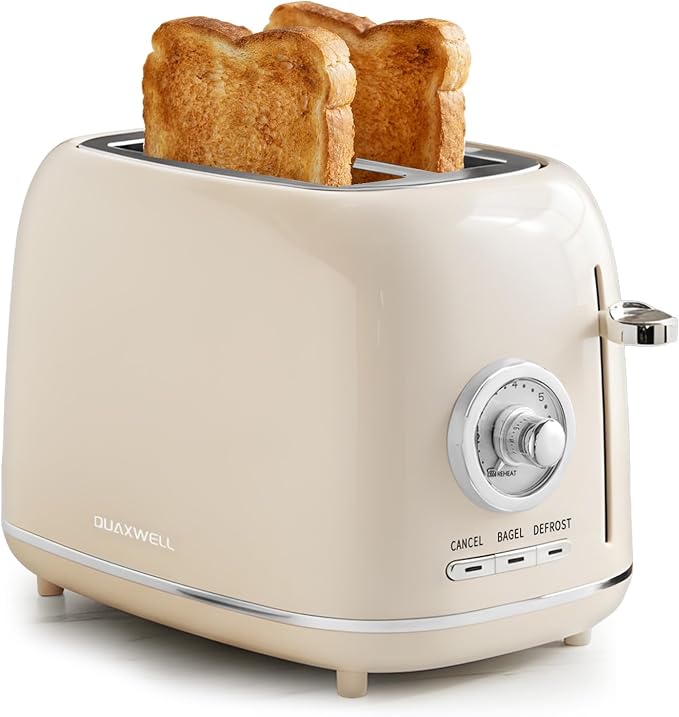 Retro 2-Slice Toaster, Stainless Steel, Beige | Wide Slots, 7 Bread Shade Settings, Bagel, Cancel, and Defrost Functions, Removable Crumb Tray, Retro Kitchen Appliances