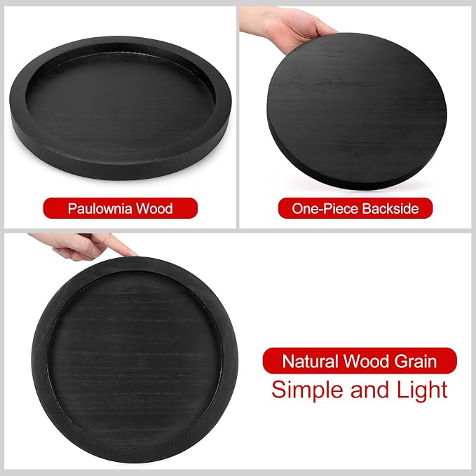 Black Round Wood Decorative Tray for Coffee Dining Table Centerpiece Decor | Small Wooden Serving Trays Farmhouse Kitchen Island Living Room Decor Candle Plates Holder Bathroom Counter Tray Accessories