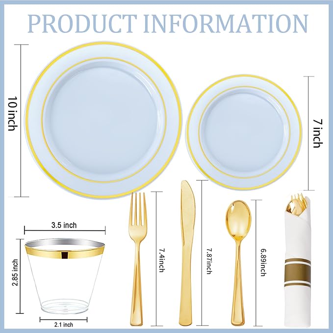 175PCS Blue Plates Disposable - Baby Blue Plastic Plates - 25Guests Plastic Dinnerware with Rolled Napkins for Wedding/Birthday/Baby Shower