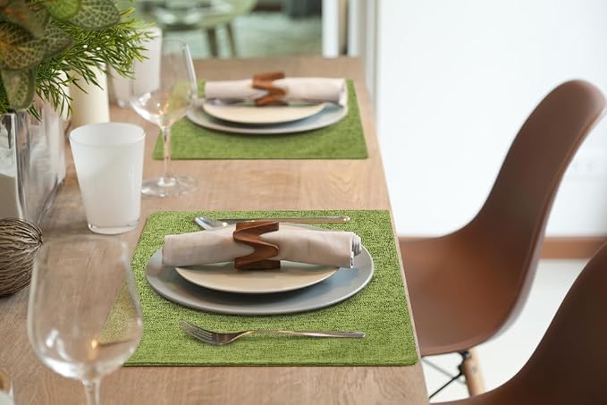Faux Cotton Linen Placemats Set of 4, Cloth Washable Farmhouse Dining Table Mats for Indoors & Outdoors, Easy to Clean, Grass Green, 13 x 19 Inch