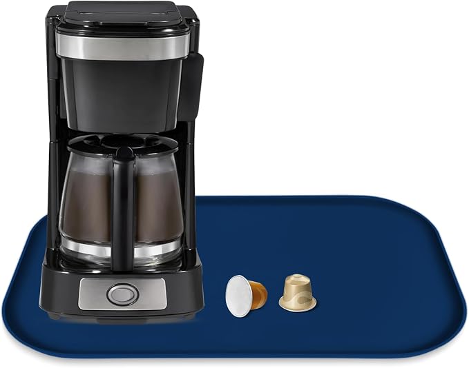 Silicone Coffee Maker Mat with Lip for Countertops, 17.4''x10.6'' Navy Blue | Multi leak-proof coffee tray for countertop, non-slip silicone mat fits most coffee makers & espresso machines, wipe-clean