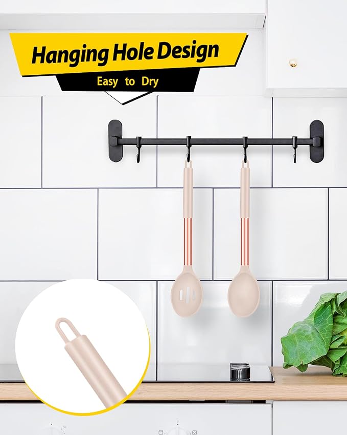 BUNDLEPRO Silicone Cooking Spoons for Non Stick Cookware, 2 Pack | Rose Gold Khaki, Heat Resistant, Large Kitchen Spoons for Mixing, Serving, Draining, Stirring