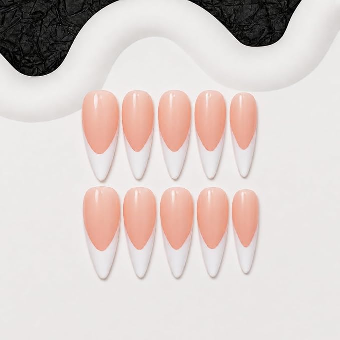 10pcs White French Tip Handmade Press on Nails Long Stiletto Fake Nails with Pure Color Design Salon Quality Acrylic Nail Glossy Nude Stick on Nail for Women (S)