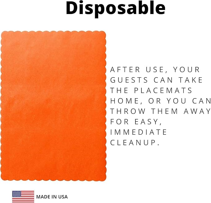 Disposable Paper Placemats – Premium, 100 Pack of Orange Scalloped Edge Placemats, Perfect Size 10x 14