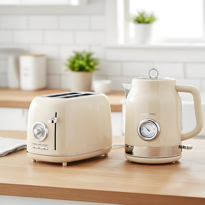 Retro 2-Slice Toaster, Stainless Steel, Beige | Wide Slots, 7 Bread Shade Settings, Bagel, Cancel, and Defrost Functions, Removable Crumb Tray, Retro Kitchen Appliances