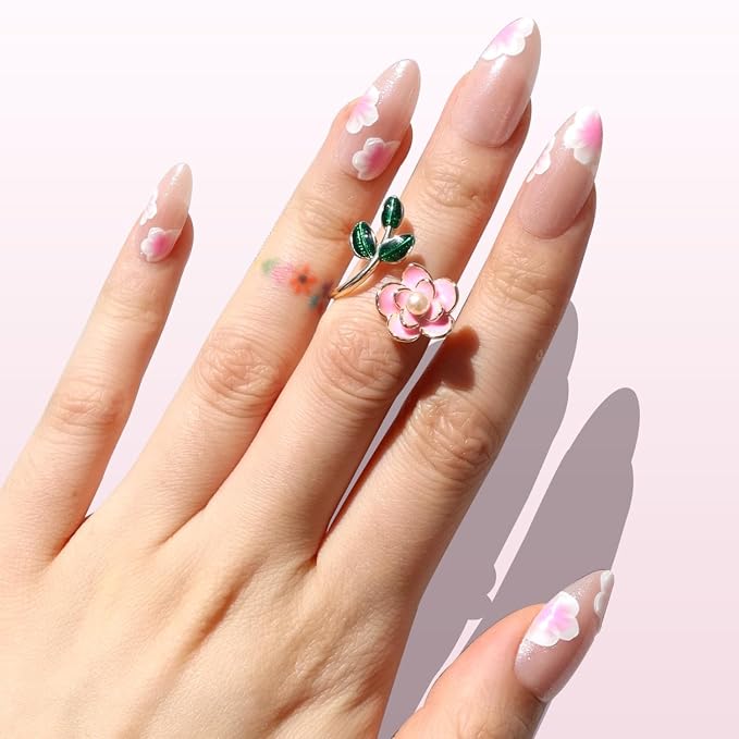 Nail Reformation Press On Nails, Sakura Glow | Medium Almond Fake Nails | Cherry Blossom on Glossy Pink, Salon Quality, Reusable Stick On Nails in 15 Sizes - 30 Nail Kit with Glue, Gifts for Women