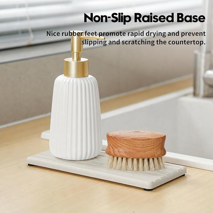 Diatomaceous Earth Sink Organizer Tray Set, 3-Pack Fast Drying Water Absorbing Stone Soap Holder Caddy for Kitchen & Bathroom Counter, Faucet Splash Guard, Beige (1pc of 8"x3.8" + 2pcs of 3.8"x3.8")