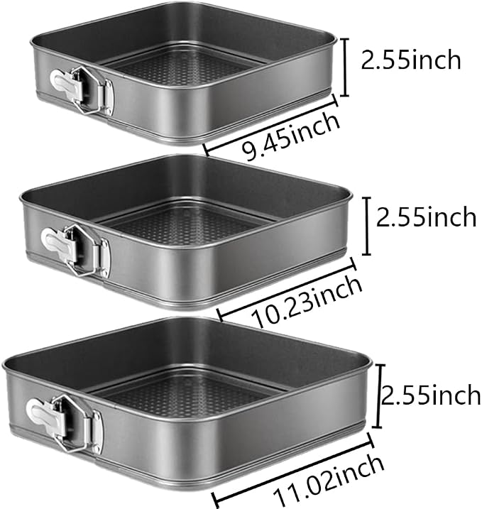 Springform Cake Pan Set of 3 (9.5, 10, 11 Inch) Square Baking Pans Nonstick Cheesecake Pans with Removable Bottom Bakeware for Cake, Cheesecakes, Pizza, and Quiches