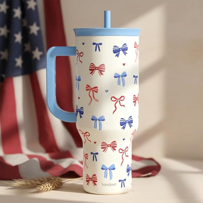 SANDJEST American Flag 40oz Tumbler with Handle and Straw, Insulated Stainless Steel Travel Coffee Mug for Women Girls, Gift Idea for Birthday Christmas 4th of July (Bow)