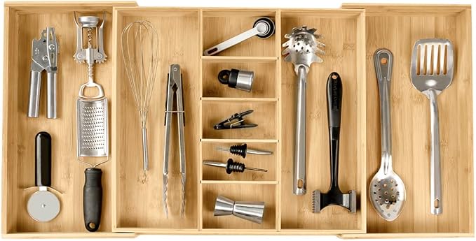 Utensil & Junk Drawer Organizer, 19-33 in, Bamboo | Food-safe contract grade, 100% sustainable wood, non-slip, adjustable