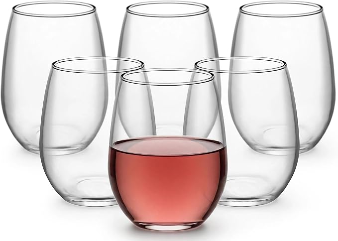 Necessia Set of 6 Stemless Wine Glasses (9oz) – Lead-Free Clear Tumblers – Narrow Rim & Slender Bowl for Enhanced Aromas – Chip-Resistant Rim – Dishwasher Safe – Made in USA