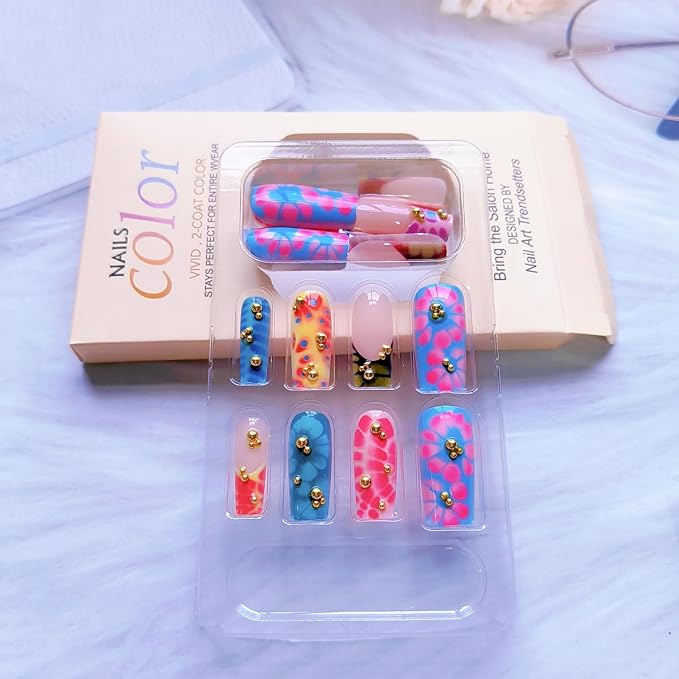 WLGDLH Leopard Print French Tip Press on Nails Medium Square Fake Nails Press ons Nail Tips Kit with Flowers Design Nude Glossy False Nails Full Cover 3D Gold Beads Glue on Nail for Women 24Pcs
